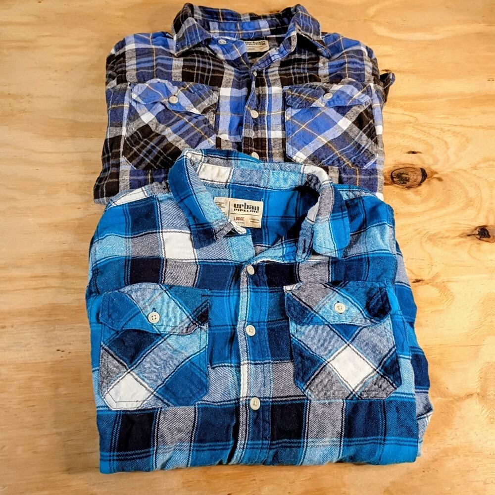 Lot 2 Urban Pipeline Boys Large 14/16 Flannel Shirts Blue Plaid Long Sleeve